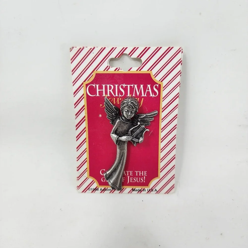 Vtg Christmas Brooch Pin Angels and‎ Ornament Branch Enamel Pewter Lot of 3